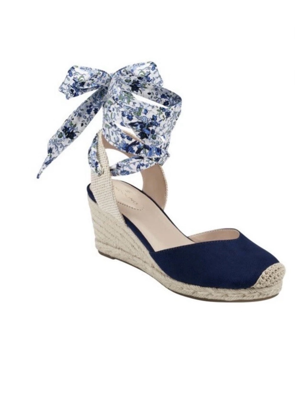Bandolino Nettie Navy Padded Wedge Espadrille with Floral Ankle Tie